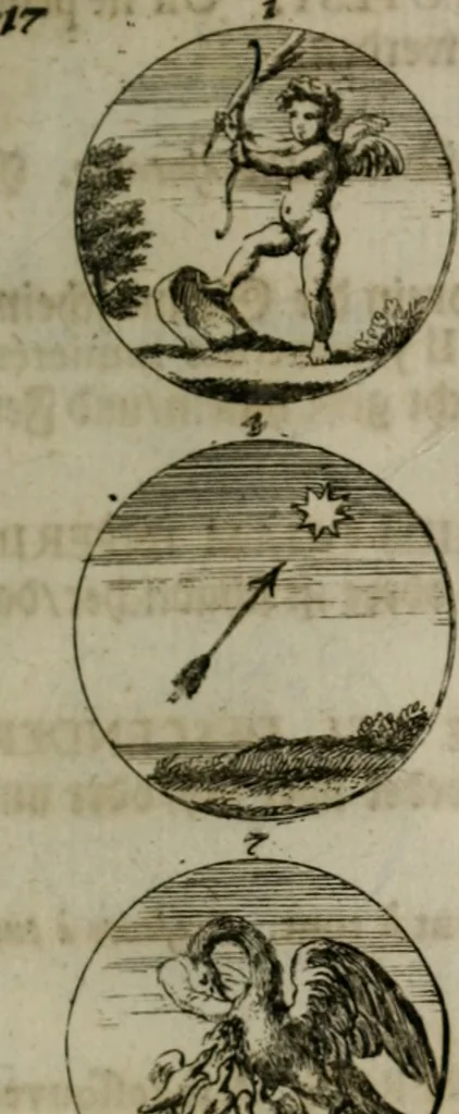 An illustration from Devises et emblemes anciennes & modernes, tirées des plus celebres auteurs, oder, Emblematische Gemüths-Vergnügung : bey Betrachtung siben hundert und funffzehen der curieusesten und ergötzlichen Sinn-Bildern, mit ihren zuständigen teutsch-lateinisch-französisch- und italianischen Beyschrifften, 1695, leaf 42