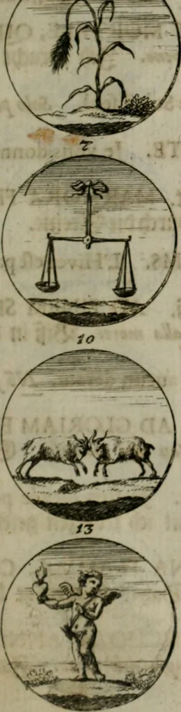 An illustration from Devises et emblemes anciennes & modernes, tirées des plus celebres auteurs, oder, Emblematische Gemüths-Vergnügung : bey Betrachtung siben hundert und funffzehen der curieusesten und ergötzlichen Sinn-Bildern, mit ihren zuständigen teutsch-lateinisch-französisch- und italianischen Beyschrifften, 1695, leaf 46