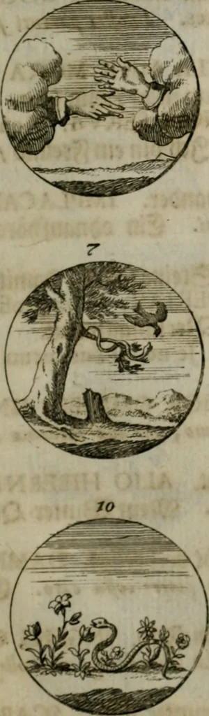 An illustration from Devises et emblemes anciennes & modernes, tirées des plus celebres auteurs, oder, Emblematische Gemüths-Vergnügung : bey Betrachtung siben hundert und funffzehen der curieusesten und ergötzlichen Sinn-Bildern, mit ihren zuständigen teutsch-lateinisch-französisch- und italianischen Beyschrifften, 1695, leaf 52