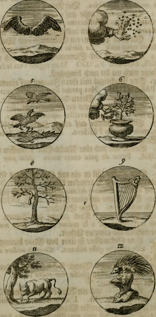 An illustration from Devises et emblemes anciennes & modernes, tirées des plus celebres auteurs, oder, Emblematische Gemüths-Vergnügung : bey Betrachtung siben hundert und funffzehen der curieusesten und ergötzlichen Sinn-Bildern, mit ihren zuständigen teutsch-lateinisch-französisch- und italianischen Beyschrifften, 1695, leaf 52