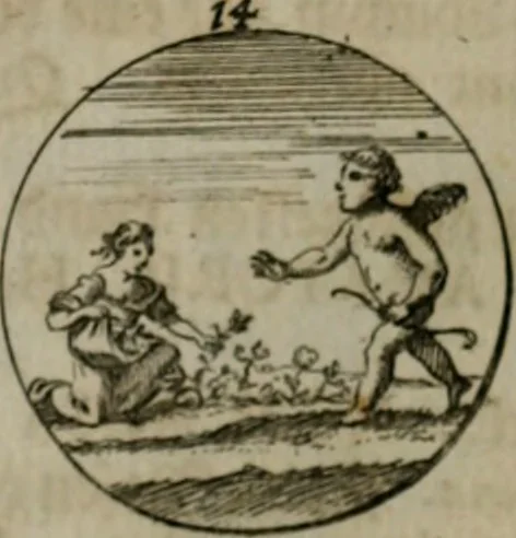 An illustration from Devises et emblemes anciennes & modernes, tirées des plus celebres auteurs, oder, Emblematische Gemüths-Vergnügung : bey Betrachtung siben hundert und funffzehen der curieusesten und ergötzlichen Sinn-Bildern, mit ihren zuständigen teutsch-lateinisch-französisch- und italianischen Beyschrifften, 1695, leaf 54