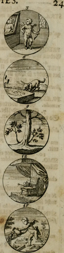 An illustration from Devises et emblemes anciennes & modernes, tirées des plus celebres auteurs, oder, Emblematische Gemüths-Vergnügung : bey Betrachtung siben hundert und funffzehen der curieusesten und ergötzlichen Sinn-Bildern, mit ihren zuständigen teutsch-lateinisch-französisch- und italianischen Beyschrifften, 1695, leaf 56