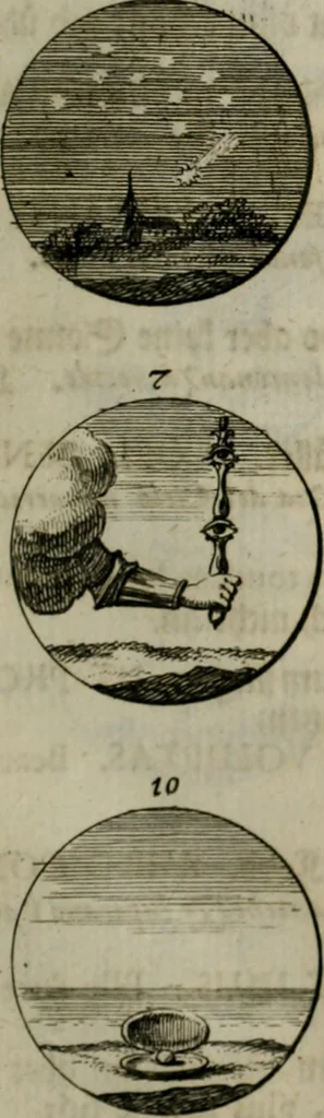 An illustration from Devises et emblemes anciennes & modernes, tirées des plus celebres auteurs, oder, Emblematische Gemüths-Vergnügung : bey Betrachtung siben hundert und funffzehen der curieusesten und ergötzlichen Sinn-Bildern, mit ihren zuständigen teutsch-lateinisch-französisch- und italianischen Beyschrifften, 1695, leaf 60