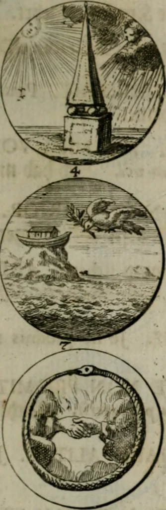 An illustration from Devises et emblemes anciennes & modernes, tirées des plus celebres auteurs, oder, Emblematische Gemüths-Vergnügung : bey Betrachtung siben hundert und funffzehen der curieusesten und ergötzlichen Sinn-Bildern, mit ihren zuständigen teutsch-lateinisch-französisch- und italianischen Beyschrifften, 1695, leaf 64
