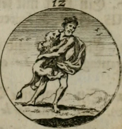 An illustration from Devises et emblemes anciennes & modernes, tirées des plus celebres auteurs, oder, Emblematische Gemüths-Vergnügung : bey Betrachtung siben hundert und funffzehen der curieusesten und ergötzlichen Sinn-Bildern, mit ihren zuständigen teutsch-lateinisch-französisch- und italianischen Beyschrifften, 1695, leaf 64