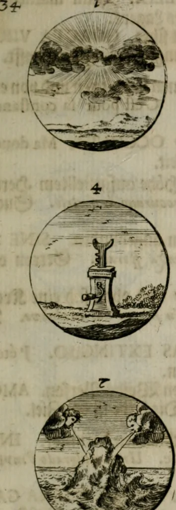 An illustration from Devises et emblemes anciennes & modernes, tirées des plus celebres auteurs, oder, Emblematische Gemüths-Vergnügung : bey Betrachtung siben hundert und funffzehen der curieusesten und ergötzlichen Sinn-Bildern, mit ihren zuständigen teutsch-lateinisch-französisch- und italianischen Beyschrifften, 1695, leaf 76