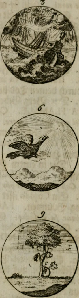 An illustration from Devises et emblemes anciennes & modernes, tirées des plus celebres auteurs, oder, Emblematische Gemüths-Vergnügung : bey Betrachtung siben hundert und funffzehen der curieusesten und ergötzlichen Sinn-Bildern, mit ihren zuständigen teutsch-lateinisch-französisch- und italianischen Beyschrifften, 1695, leaf 84