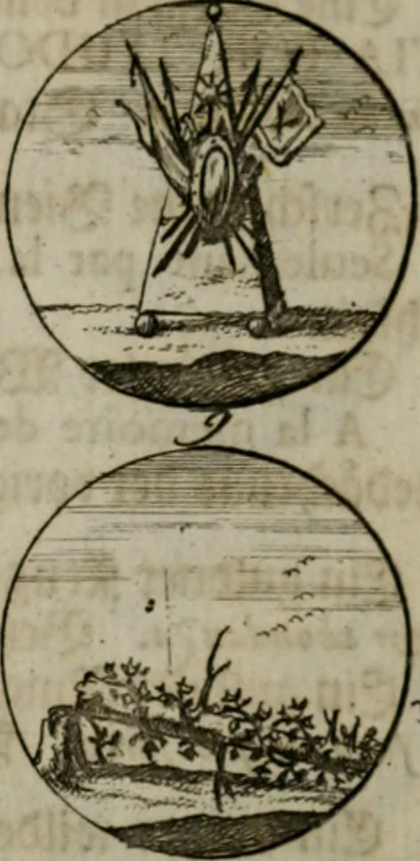 An illustration from Devises et emblemes anciennes & modernes, tirées des plus celebres auteurs, oder, Emblematische Gemüths-Vergnügung : bey Betrachtung siben hundert und funffzehen der curieusesten und ergötzlichen Sinn-Bildern, mit ihren zuständigen teutsch-lateinisch-französisch- und italianischen Beyschrifften, 1695, leaf 86