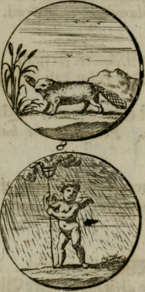 An illustration from Devises et emblemes anciennes & modernes, tirées des plus celebres auteurs, oder, Emblematische Gemüths-Vergnügung : bey Betrachtung siben hundert und funffzehen der curieusesten und ergötzlichen Sinn-Bildern, mit ihren zuständigen teutsch-lateinisch-französisch- und italianischen Beyschrifften, 1695, leaf 90