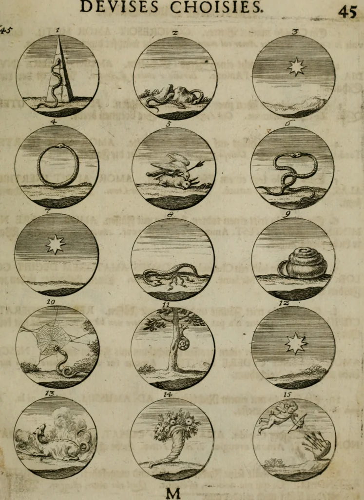 An illustration from Devises et emblemes anciennes & modernes, tirées des plus celebres auteurs, oder, Emblematische Gemüths-Vergnügung : bey Betrachtung siben hundert und funffzehen der curieusesten und ergötzlichen Sinn-Bildern, mit ihren zuständigen teutsch-lateinisch-französisch- und italianischen Beyschrifften, 1695, leaf 98