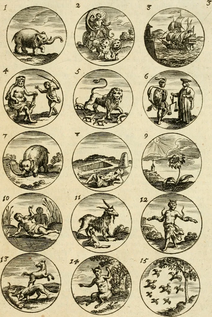 An illustration from Devises et emblemes anciennes et modernes, tirées des plus celebres auteurs : avec plusieurs autres nouvellem[en]t inventées et mises en latin, en francois, en espagnol, en italien, en anglois, en flamand et en allemand, 1712, leaf 10