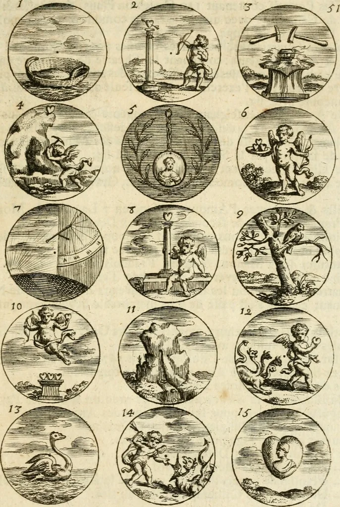 An illustration from Devises et emblemes anciennes et modernes, tirées des plus celebres auteurs : avec plusieurs autres nouvellem[en]t inventées et mises en latin, en francois, en espagnol, en italien, en anglois, en flamand et en allemand, 1712, leaf 106