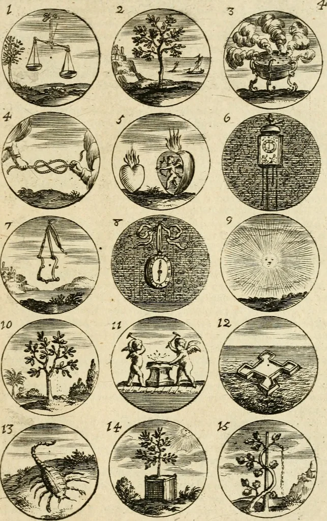 An illustration from Devises et emblemes anciennes et modernes, tirées des plus celebres auteurs : avec plusieurs autres nouvellem[en]t inventées et mises en latin, en francois, en espagnol, en italien, en anglois, en flamand et en allemand, 1712, leaf 12