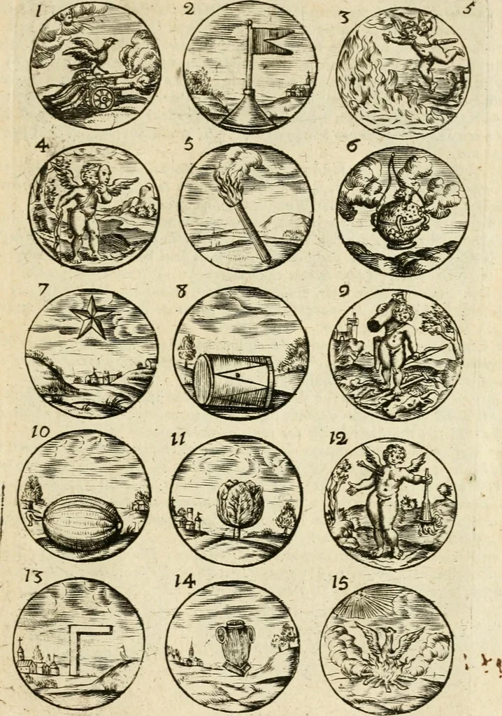 An illustration from Devises et emblemes anciennes et modernes, tirées des plus celebres auteurs : avec plusieurs autres nouvellem[en]t inventées et mises en latin, en francois, en espagnol, en italien, en anglois, en flamand et en allemand, 1712, leaf 14