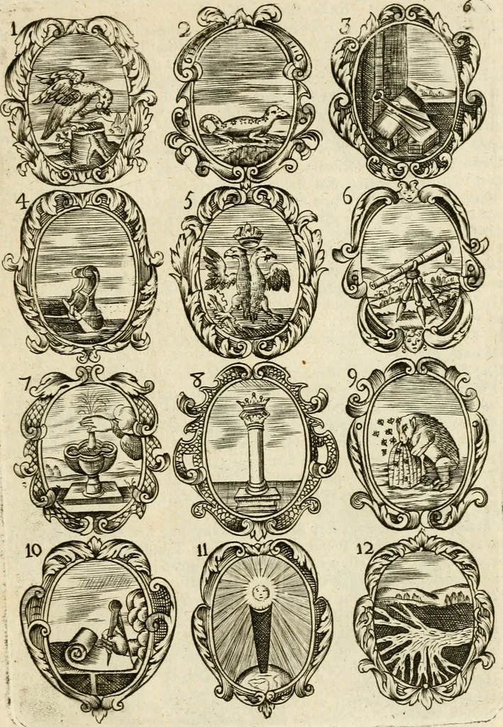 An illustration from Devises et emblemes anciennes et modernes, tirées des plus celebres auteurs : avec plusieurs autres nouvellem[en]t inventées et mises en latin, en francois, en espagnol, en italien, en anglois, en flamand et en allemand, 1712, leaf 16
