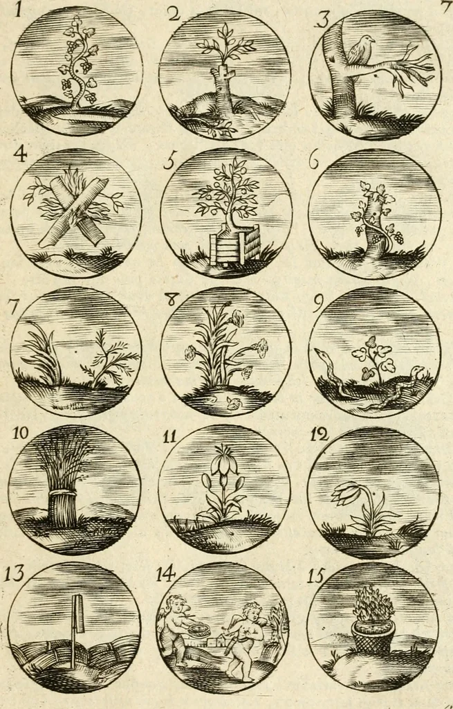 An illustration from Devises et emblemes anciennes et modernes, tirées des plus celebres auteurs : avec plusieurs autres nouvellem[en]t inventées et mises en latin, en francois, en espagnol, en italien, en anglois, en flamand et en allemand, 1712, leaf 18