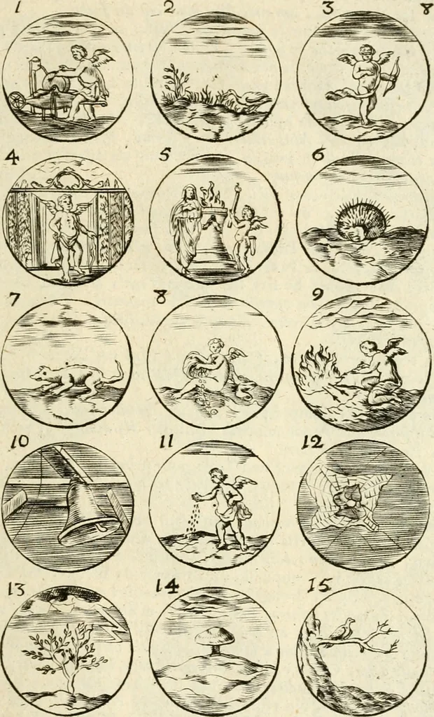 An illustration from Devises et emblemes anciennes et modernes, tirées des plus celebres auteurs : avec plusieurs autres nouvellem[en]t inventées et mises en latin, en francois, en espagnol, en italien, en anglois, en flamand et en allemand, 1712, leaf 20