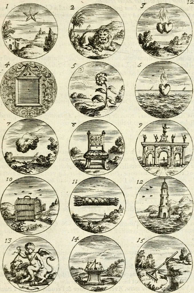 An illustration from Devises et emblemes anciennes et modernes, tirées des plus celebres auteurs : avec plusieurs autres nouvellem[en]t inventées et mises en latin, en francois, en espagnol, en italien, en anglois, en flamand et en allemand, 1712, leaf 28