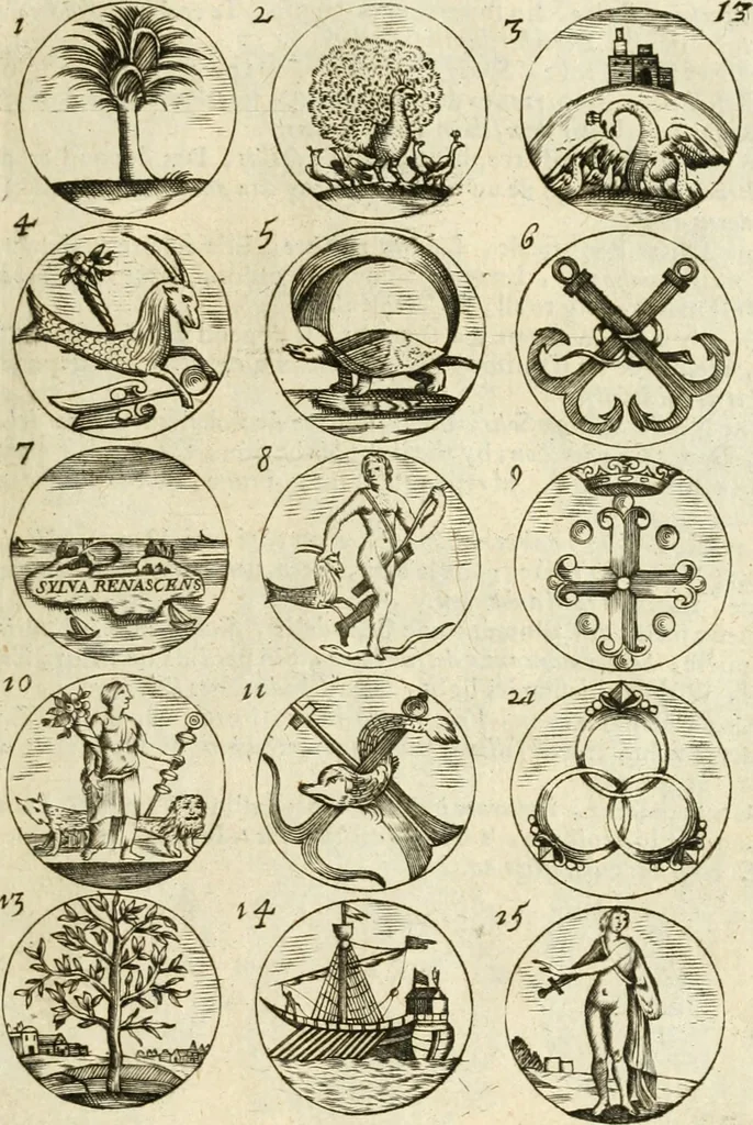 An illustration from Devises et emblemes anciennes et modernes, tirées des plus celebres auteurs : avec plusieurs autres nouvellem[en]t inventées et mises en latin, en francois, en espagnol, en italien, en anglois, en flamand et en allemand, 1712, leaf 30