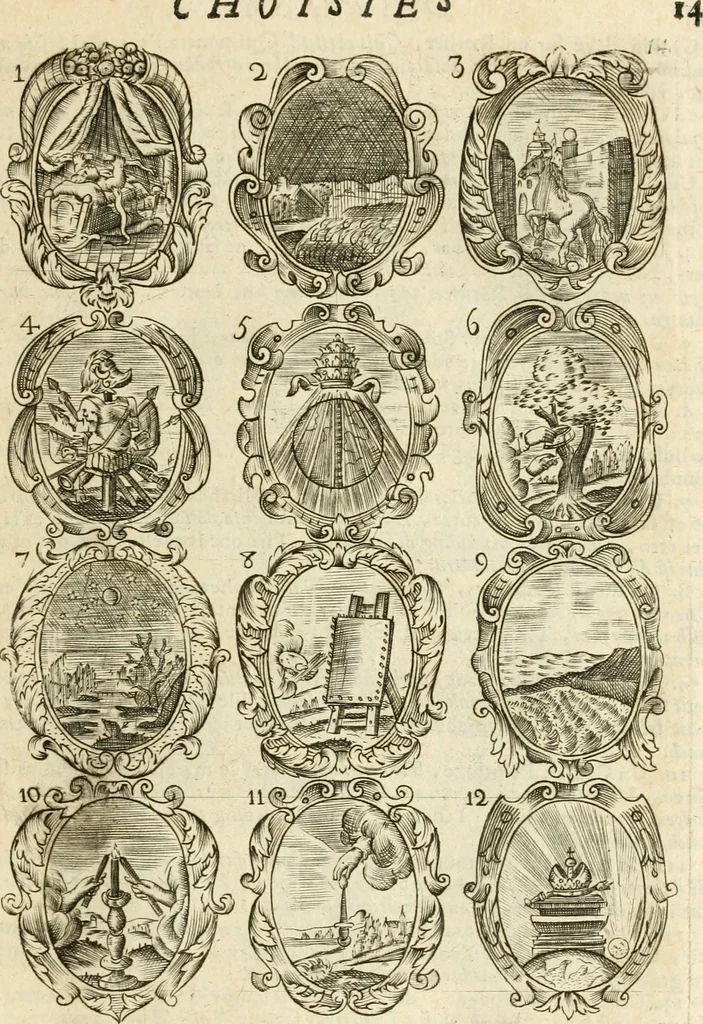 An illustration from Devises et emblemes anciennes et modernes, tirées des plus celebres auteurs : avec plusieurs autres nouvellem[en]t inventées et mises en latin, en francois, en espagnol, en italien, en anglois, en flamand et en allemand, 1712, leaf 32