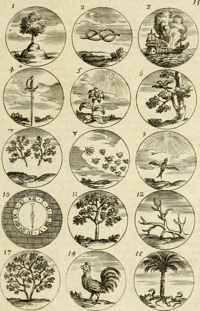 An illustration from Devises et emblemes anciennes et modernes, tirées des plus celebres auteurs : avec plusieurs autres nouvellem[en]t inventées et mises en latin, en francois, en espagnol, en italien, en anglois, en flamand et en allemand, 1712, leaf 34