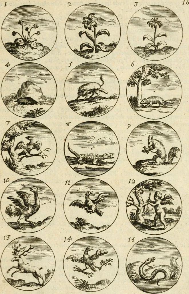 An illustration from Devises et emblemes anciennes et modernes, tirées des plus celebres auteurs : avec plusieurs autres nouvellem[en]t inventées et mises en latin, en francois, en espagnol, en italien, en anglois, en flamand et en allemand, 1712, leaf 36