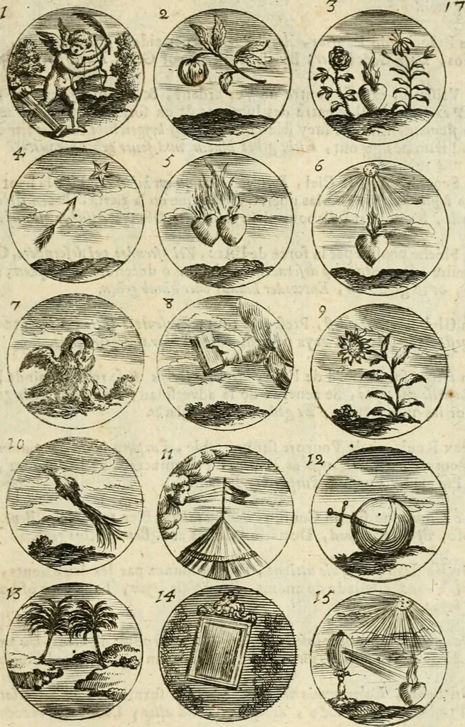 An illustration from Devises et emblemes anciennes et modernes, tirées des plus celebres auteurs : avec plusieurs autres nouvellem[en]t inventées et mises en latin, en francois, en espagnol, en italien, en anglois, en flamand et en allemand, 1712, leaf 38