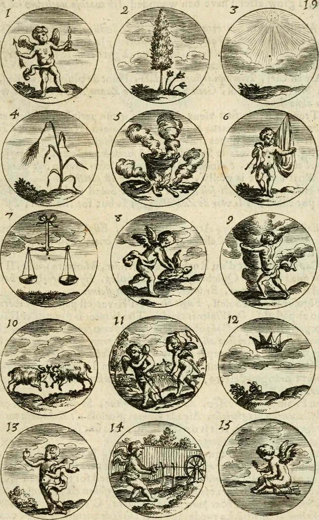 An illustration from Devises et emblemes anciennes et modernes, tirées des plus celebres auteurs : avec plusieurs autres nouvellem[en]t inventées et mises en latin, en francois, en espagnol, en italien, en anglois, en flamand et en allemand, 1712, leaf 42
