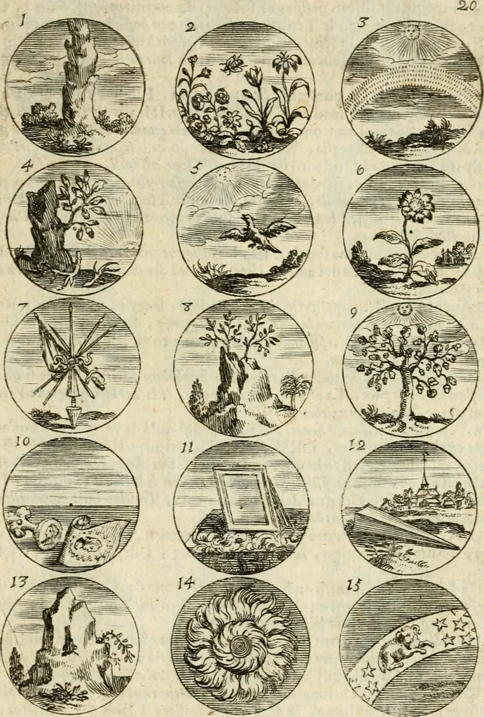 An illustration from Devises et emblemes anciennes et modernes, tirées des plus celebres auteurs : avec plusieurs autres nouvellem[en]t inventées et mises en latin, en francois, en espagnol, en italien, en anglois, en flamand et en allemand, 1712, leaf 44