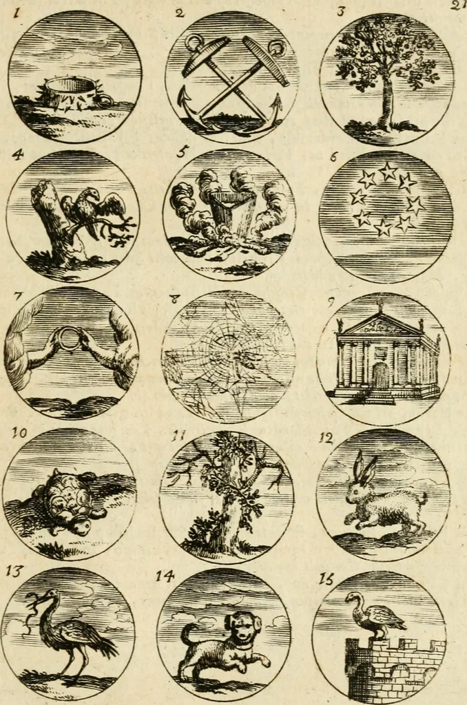 An illustration from Devises et emblemes anciennes et modernes, tirées des plus celebres auteurs : avec plusieurs autres nouvellem[en]t inventées et mises en latin, en francois, en espagnol, en italien, en anglois, en flamand et en allemand, 1712, leaf 46