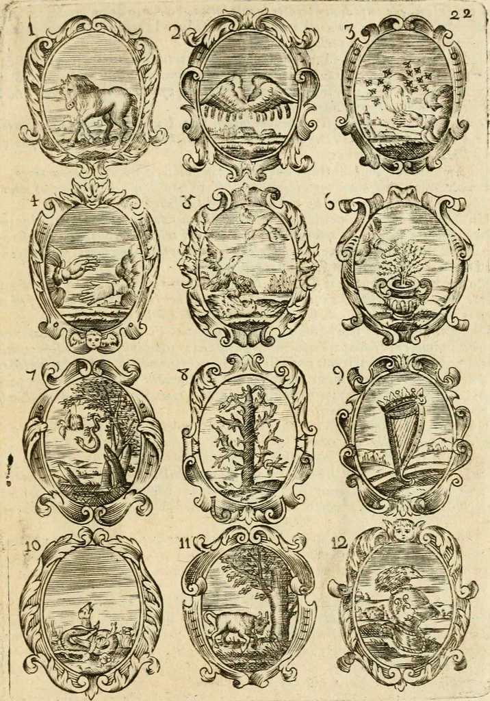 An illustration from Devises et emblemes anciennes et modernes, tirées des plus celebres auteurs : avec plusieurs autres nouvellem[en]t inventées et mises en latin, en francois, en espagnol, en italien, en anglois, en flamand et en allemand, 1712, leaf 48