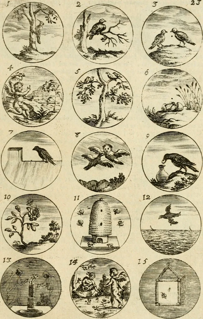 An illustration from Devises et emblemes anciennes et modernes, tirées des plus celebres auteurs : avec plusieurs autres nouvellem[en]t inventées et mises en latin, en francois, en espagnol, en italien, en anglois, en flamand et en allemand, 1712, leaf 50