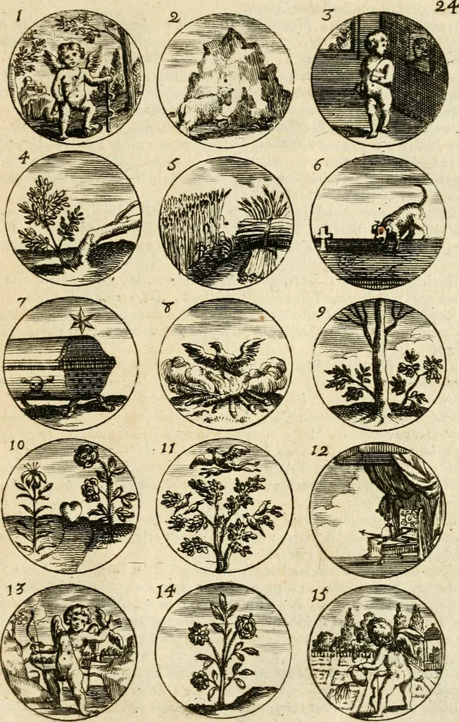 An illustration from Devises et emblemes anciennes et modernes, tirées des plus celebres auteurs : avec plusieurs autres nouvellem[en]t inventées et mises en latin, en francois, en espagnol, en italien, en anglois, en flamand et en allemand, 1712, leaf 52
