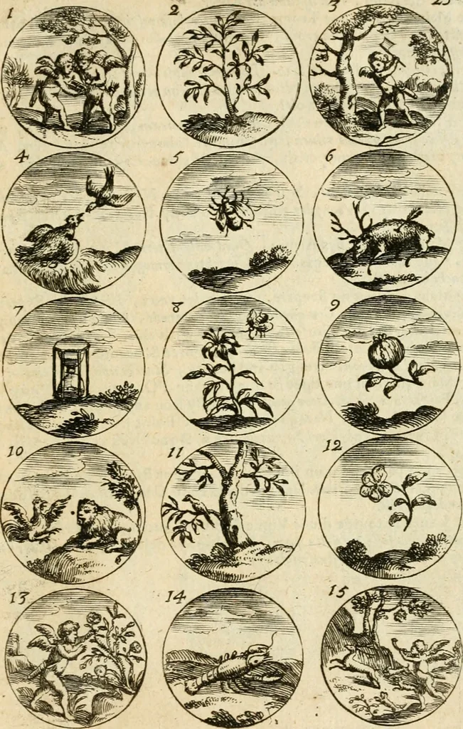 An illustration from Devises et emblemes anciennes et modernes, tirées des plus celebres auteurs : avec plusieurs autres nouvellem[en]t inventées et mises en latin, en francois, en espagnol, en italien, en anglois, en flamand et en allemand, 1712, leaf 54