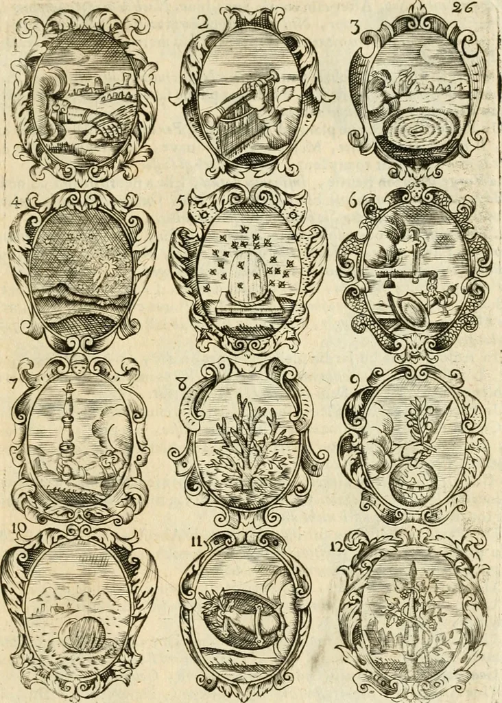 An illustration from Devises et emblemes anciennes et modernes, tirées des plus celebres auteurs : avec plusieurs autres nouvellem[en]t inventées et mises en latin, en francois, en espagnol, en italien, en anglois, en flamand et en allemand, 1712, leaf 56