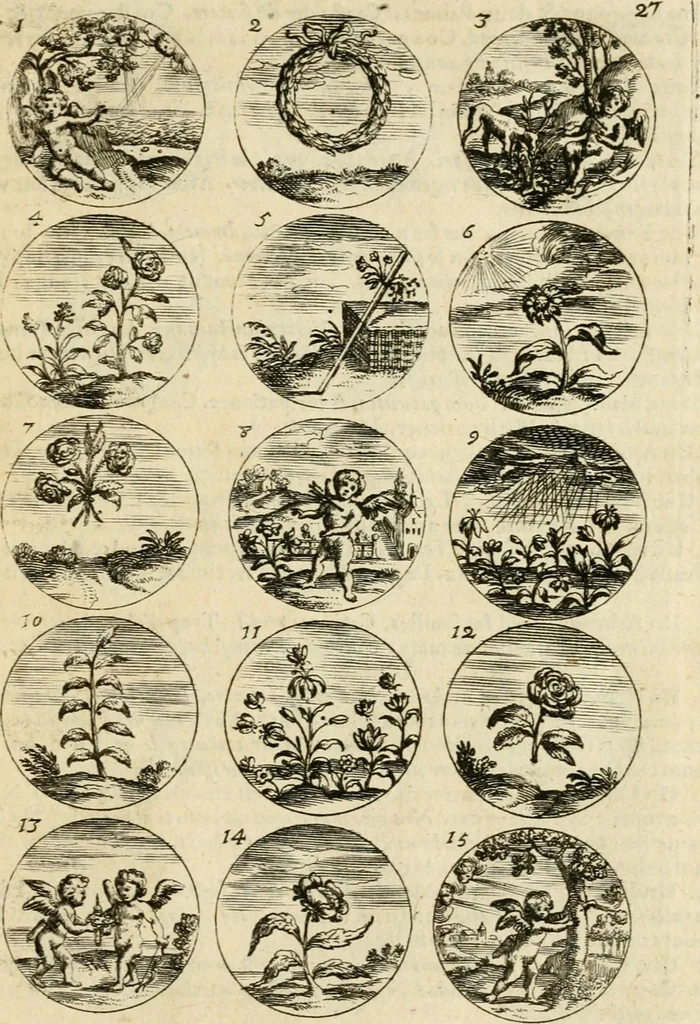 An illustration from Devises et emblemes anciennes et modernes, tirées des plus celebres auteurs : avec plusieurs autres nouvellem[en]t inventées et mises en latin, en francois, en espagnol, en italien, en anglois, en flamand et en allemand, 1712, leaf 58