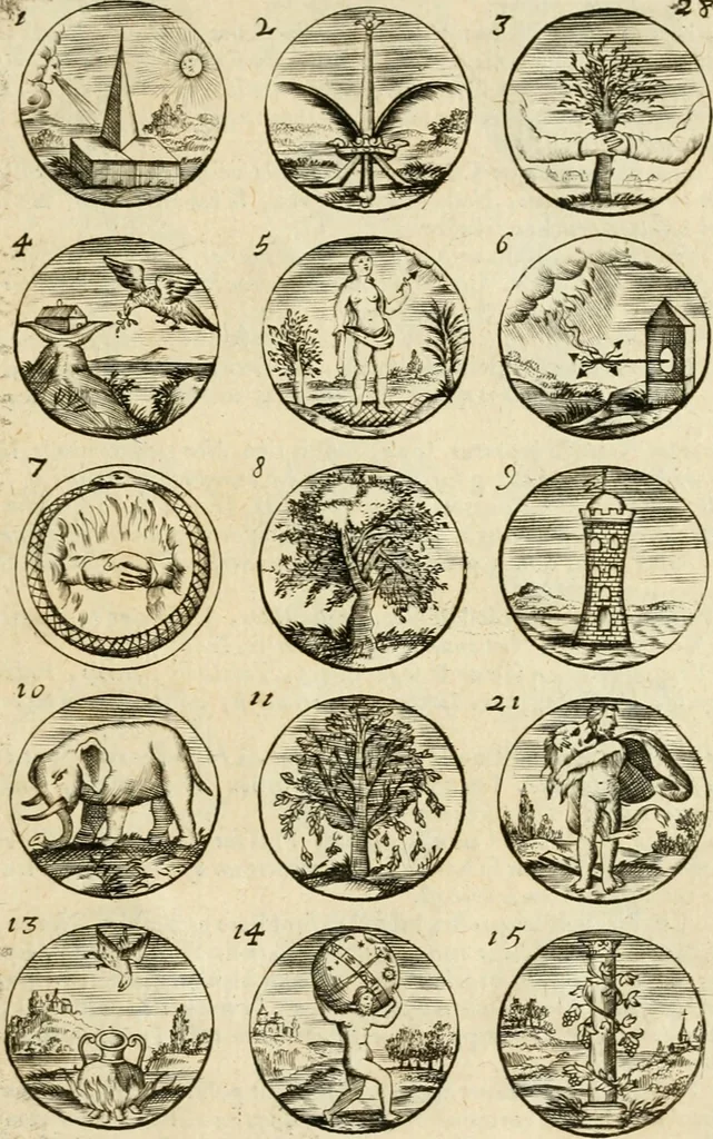 An illustration from Devises et emblemes anciennes et modernes, tirées des plus celebres auteurs : avec plusieurs autres nouvellem[en]t inventées et mises en latin, en francois, en espagnol, en italien, en anglois, en flamand et en allemand, 1712, leaf 60