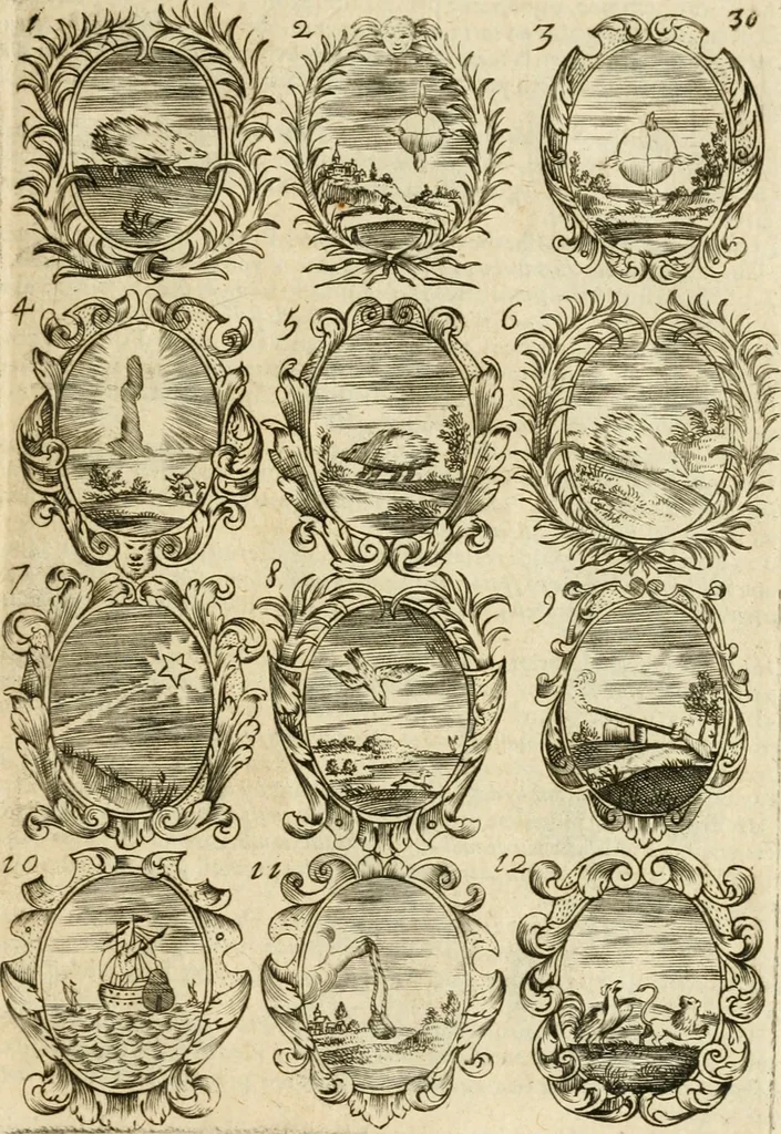 An illustration from Devises et emblemes anciennes et modernes, tirées des plus celebres auteurs : avec plusieurs autres nouvellem[en]t inventées et mises en latin, en francois, en espagnol, en italien, en anglois, en flamand et en allemand, 1712, leaf 64
