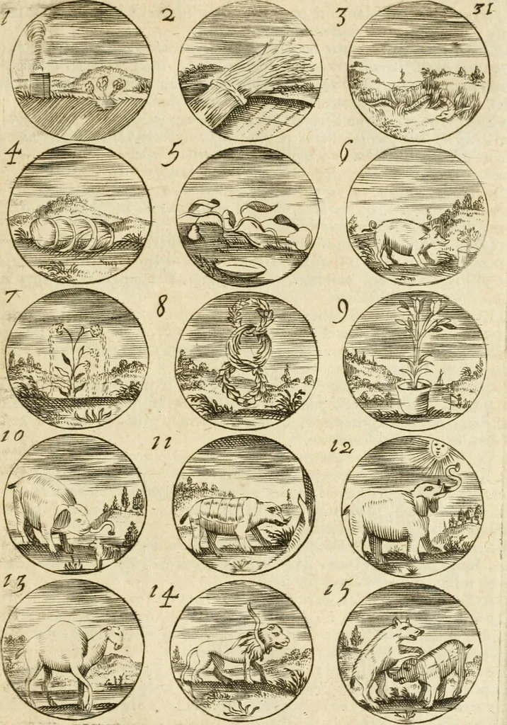 An illustration from Devises et emblemes anciennes et modernes, tirées des plus celebres auteurs : avec plusieurs autres nouvellem[en]t inventées et mises en latin, en francois, en espagnol, en italien, en anglois, en flamand et en allemand, 1712, leaf 66