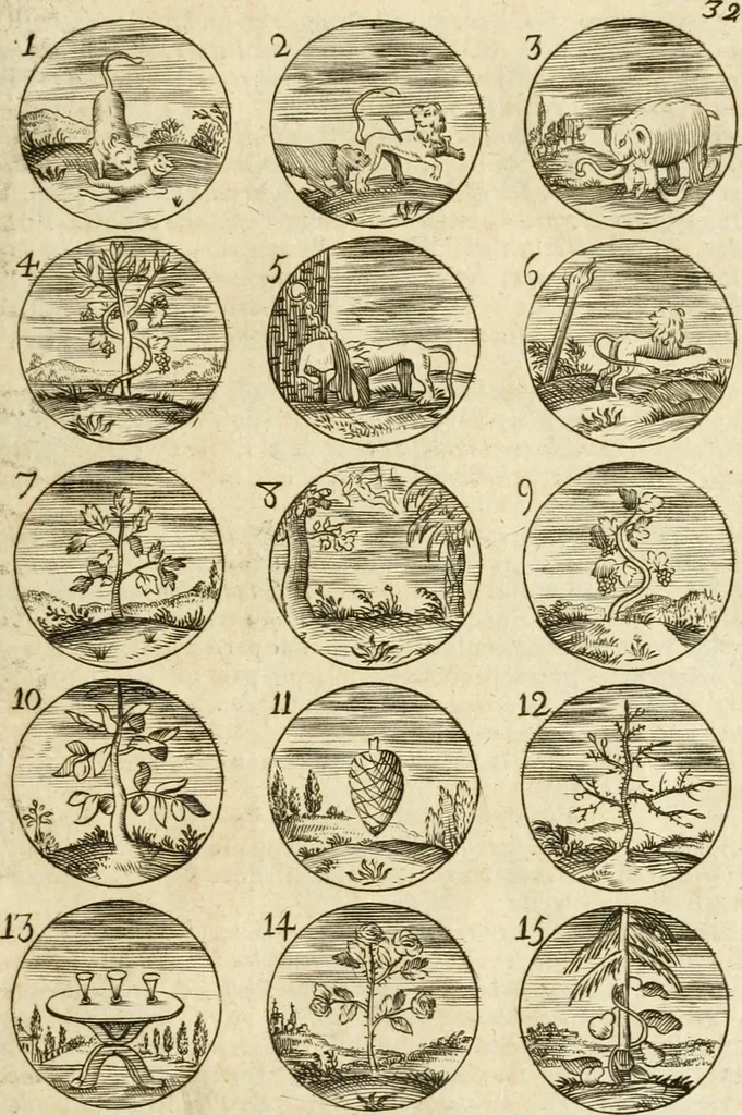 An illustration from Devises et emblemes anciennes et modernes, tirées des plus celebres auteurs : avec plusieurs autres nouvellem[en]t inventées et mises en latin, en francois, en espagnol, en italien, en anglois, en flamand et en allemand, 1712, leaf 68