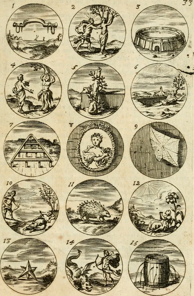 An illustration from Devises et emblemes anciennes et modernes, tirées des plus celebres auteurs : avec plusieurs autres nouvellem[en]t inventées et mises en latin, en francois, en espagnol, en italien, en anglois, en flamand et en allemand, 1712, leaf 70