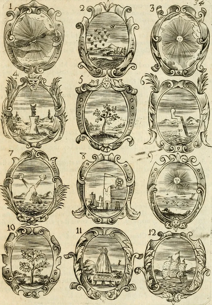 An illustration from Devises et emblemes anciennes et modernes, tirées des plus celebres auteurs : avec plusieurs autres nouvellem[en]t inventées et mises en latin, en francois, en espagnol, en italien, en anglois, en flamand et en allemand, 1712, leaf 72