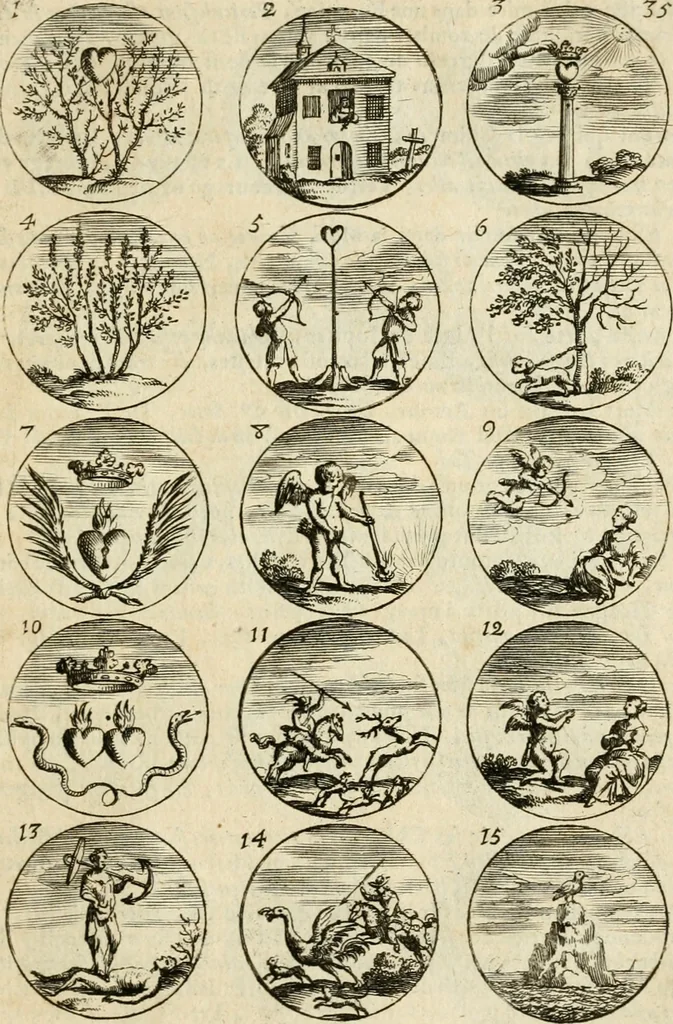 An illustration from Devises et emblemes anciennes et modernes, tirées des plus celebres auteurs : avec plusieurs autres nouvellem[en]t inventées et mises en latin, en francois, en espagnol, en italien, en anglois, en flamand et en allemand, 1712, leaf 74