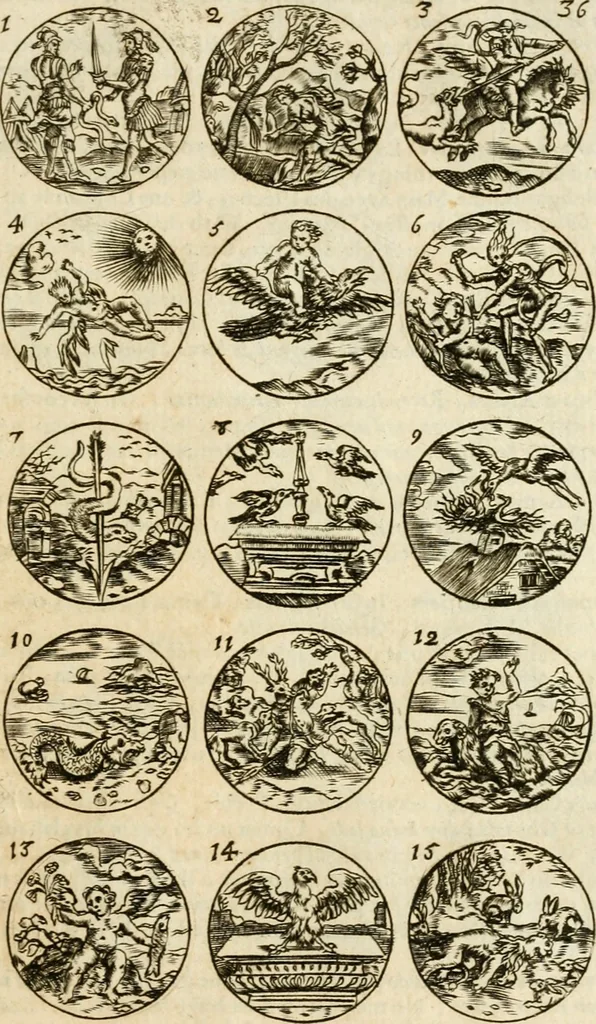 An illustration from Devises et emblemes anciennes et modernes, tirées des plus celebres auteurs : avec plusieurs autres nouvellem[en]t inventées et mises en latin, en francois, en espagnol, en italien, en anglois, en flamand et en allemand, 1712, leaf 76