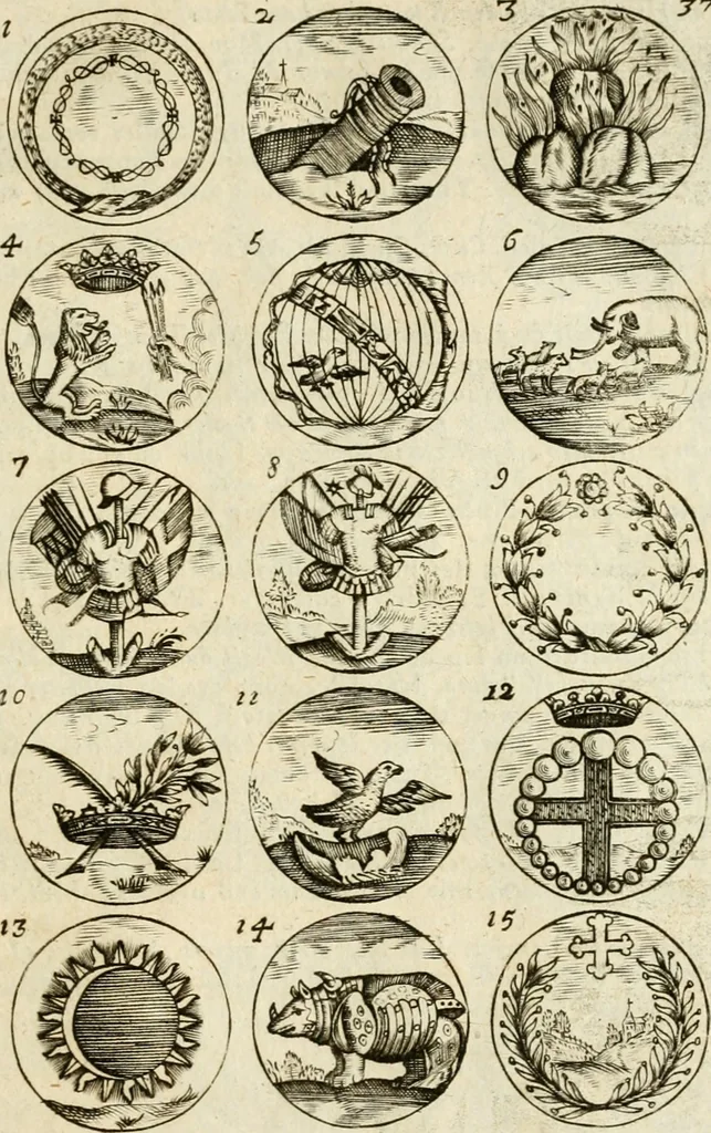 An illustration from Devises et emblemes anciennes et modernes, tirées des plus celebres auteurs : avec plusieurs autres nouvellem[en]t inventées et mises en latin, en francois, en espagnol, en italien, en anglois, en flamand et en allemand, 1712, leaf 78
