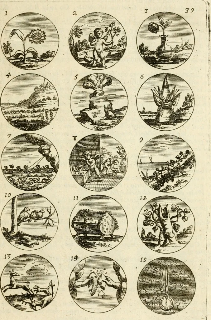 An illustration from Devises et emblemes anciennes et modernes, tirées des plus celebres auteurs : avec plusieurs autres nouvellem[en]t inventées et mises en latin, en francois, en espagnol, en italien, en anglois, en flamand et en allemand, 1712, leaf 82