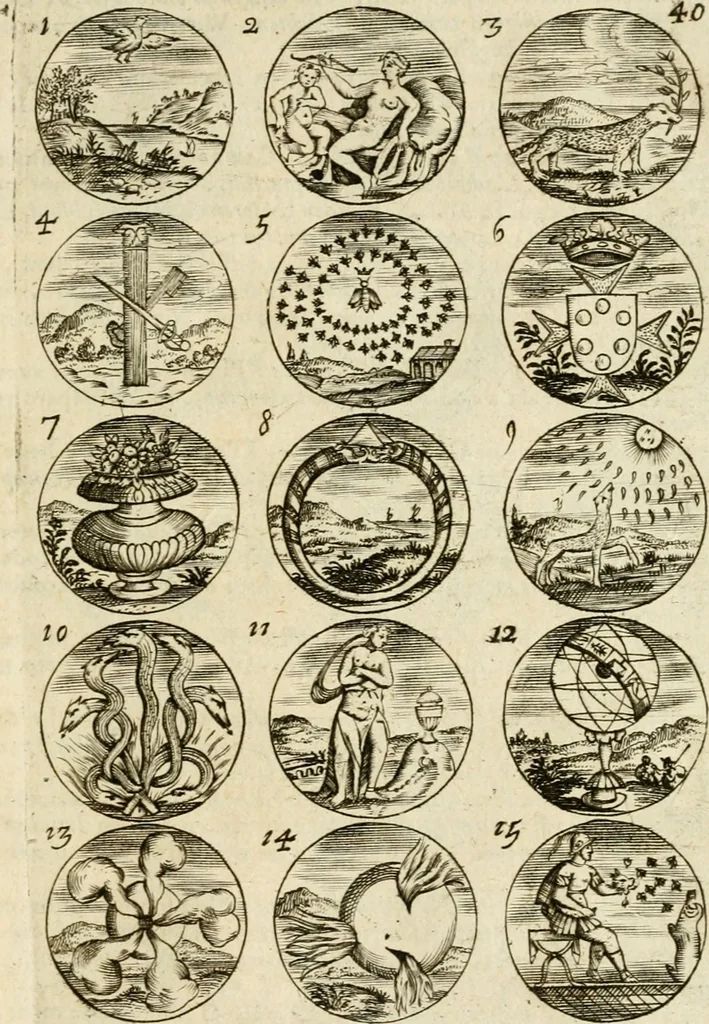 An illustration from Devises et emblemes anciennes et modernes, tirées des plus celebres auteurs : avec plusieurs autres nouvellem[en]t inventées et mises en latin, en francois, en espagnol, en italien, en anglois, en flamand et en allemand, 1712, leaf 84