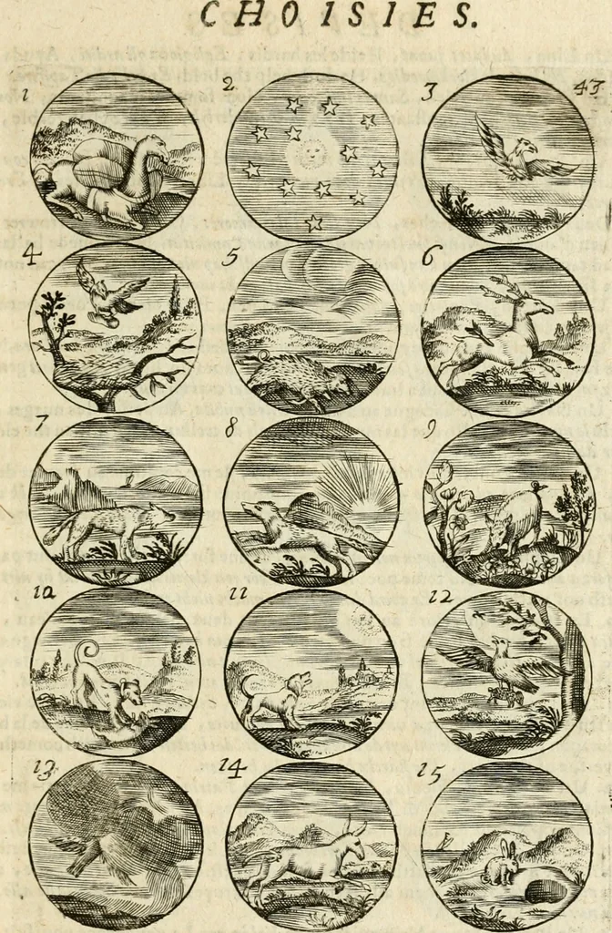 An illustration from Devises et emblemes anciennes et modernes, tirées des plus celebres auteurs : avec plusieurs autres nouvellem[en]t inventées et mises en latin, en francois, en espagnol, en italien, en anglois, en flamand et en allemand, 1712, leaf 90