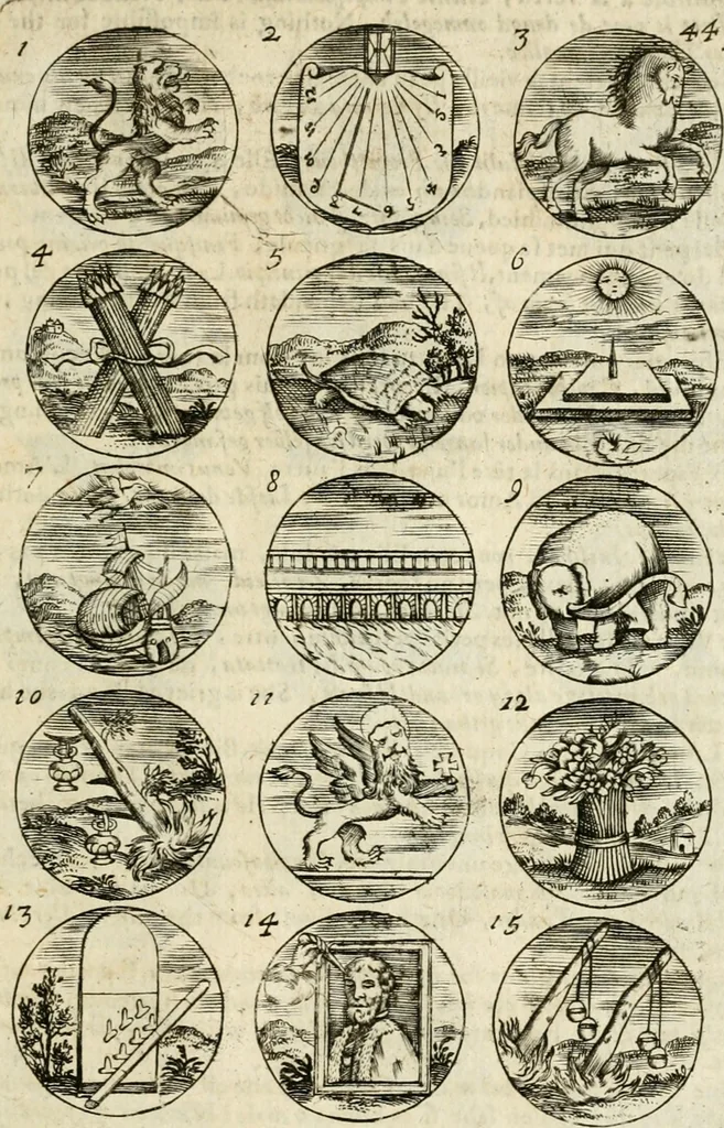 An illustration from Devises et emblemes anciennes et modernes, tirées des plus celebres auteurs : avec plusieurs autres nouvellem[en]t inventées et mises en latin, en francois, en espagnol, en italien, en anglois, en flamand et en allemand, 1712, leaf 92