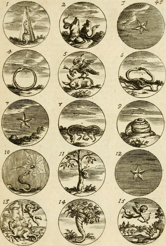An illustration from Devises et emblemes anciennes et modernes, tirées des plus celebres auteurs : avec plusieurs autres nouvellem[en]t inventées et mises en latin, en francois, en espagnol, en italien, en anglois, en flamand et en allemand, 1712, leaf 94